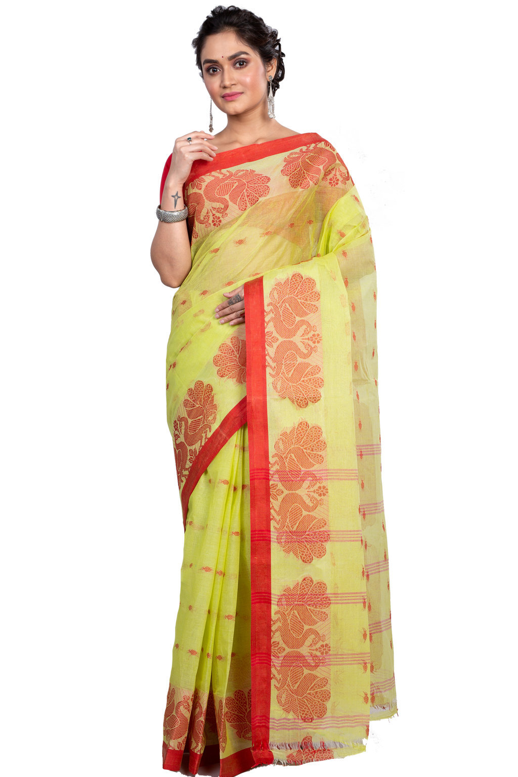 Light Green Pure Cotton MOYUR PAR Tant Saree (900)